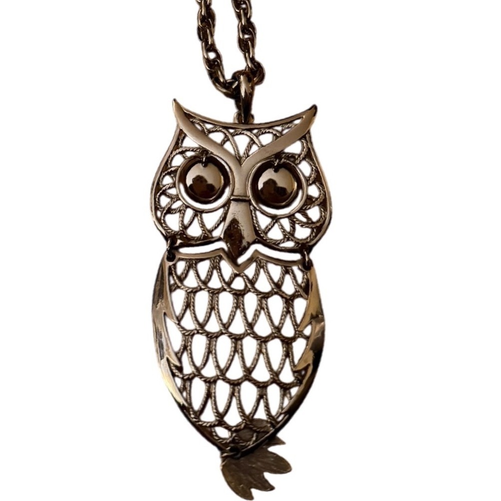 Vtg 70s silver Tone Filigree Owl Pendant Long Rope Chain Necklace Articulated